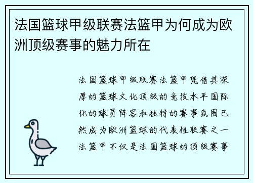 法国篮球甲级联赛法篮甲为何成为欧洲顶级赛事的魅力所在