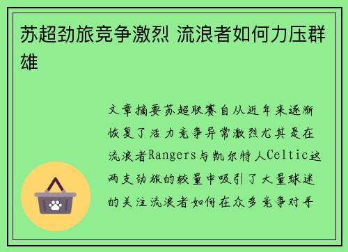 苏超劲旅竞争激烈 流浪者如何力压群雄