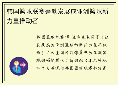韩国篮球联赛蓬勃发展成亚洲篮球新力量推动者